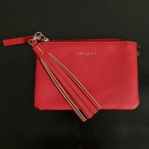 Tahari red fringe zippered pouch appears NWOT otherwise mint condition